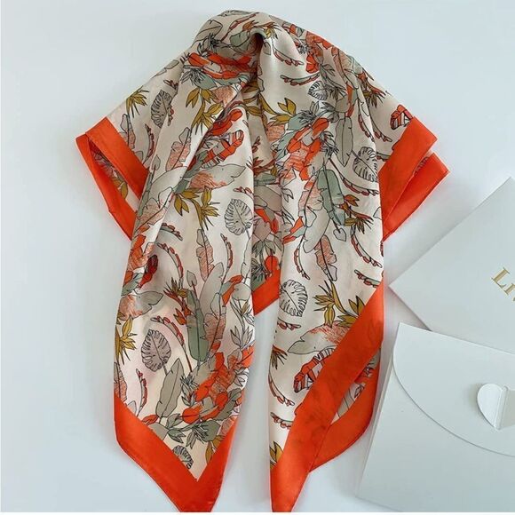 Orange Leafy Silky Scarf  - Picture 1 of 3